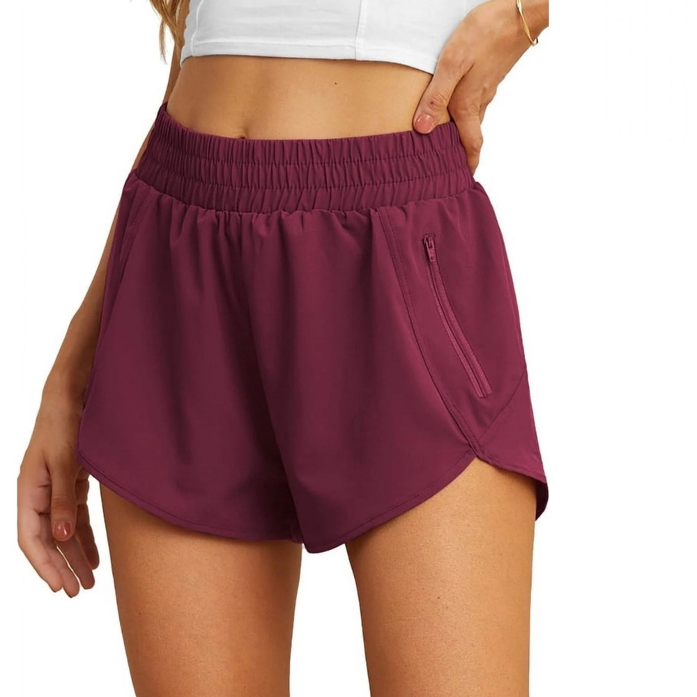 CUEPLY • Running Shorts Pickleball Athletic Gym Workout Burgundy Zipper Pocket - Picture 2 of 10